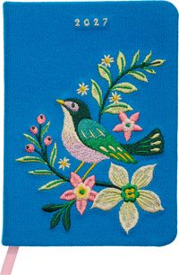 Vorderes Coverbild Taschenkalender A6 2027: Vogel und Blüten, bestickt, blau